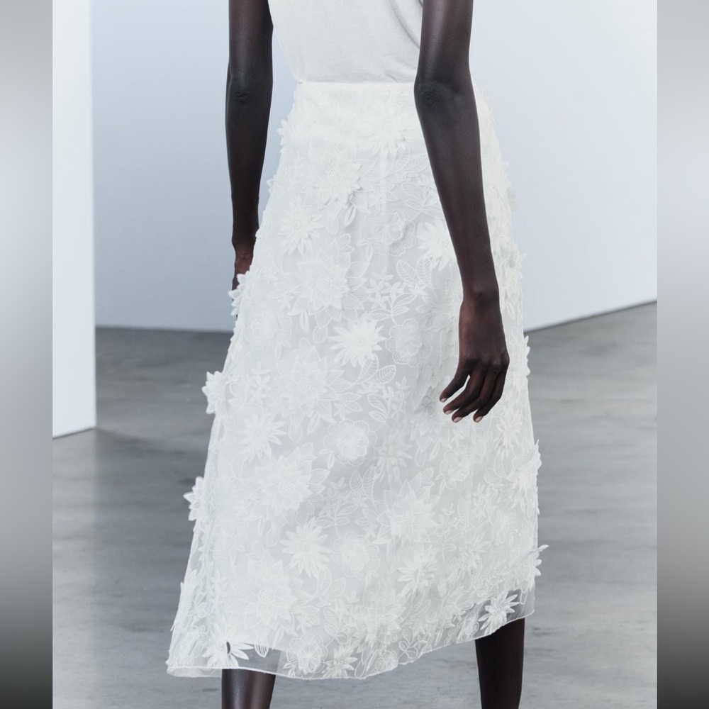 Embroidered midi skirt ZW collection, raised floral Embroidery organza